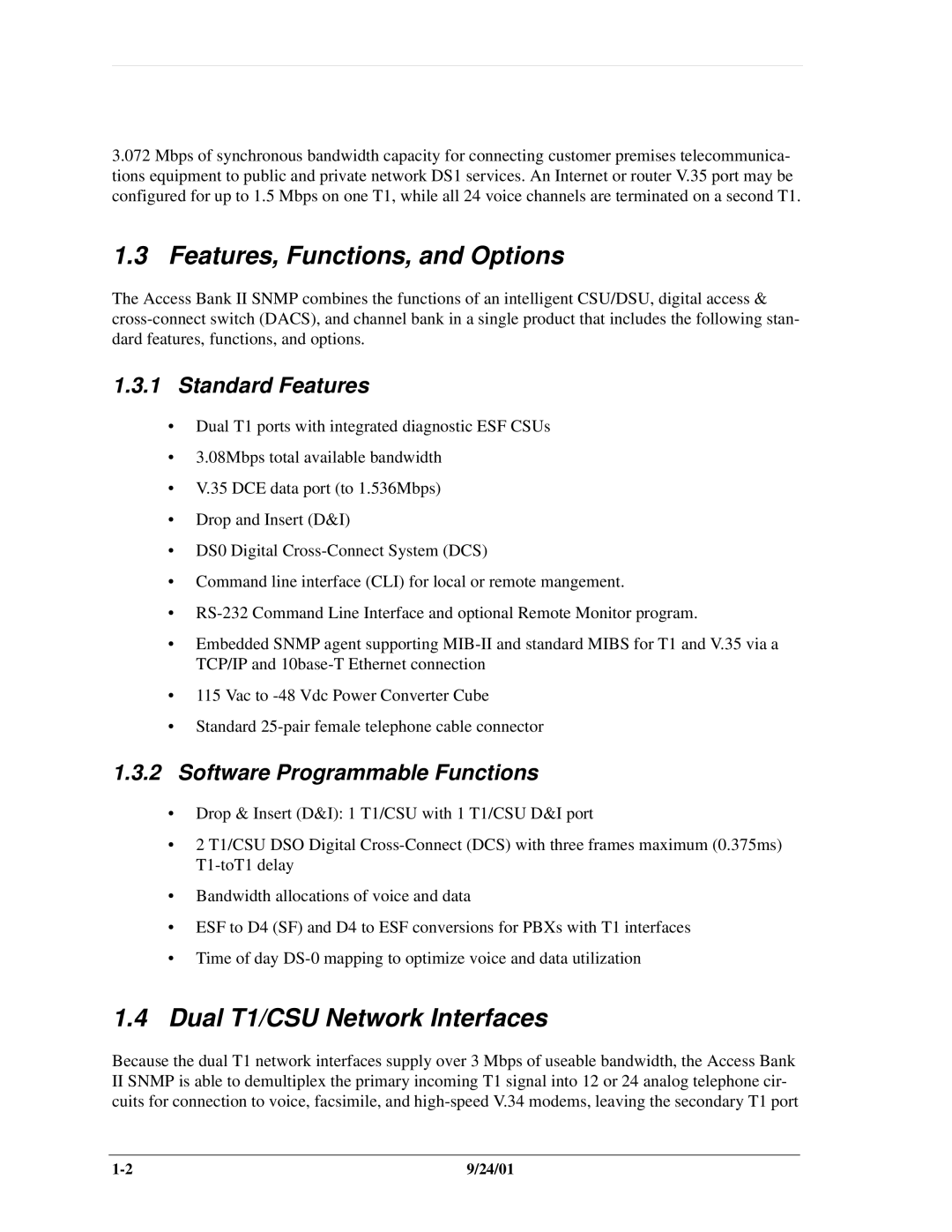 Carrier Access SNMP manual Features, Functions, and Options, Dual T1/CSU Network Interfaces, Standard Features 