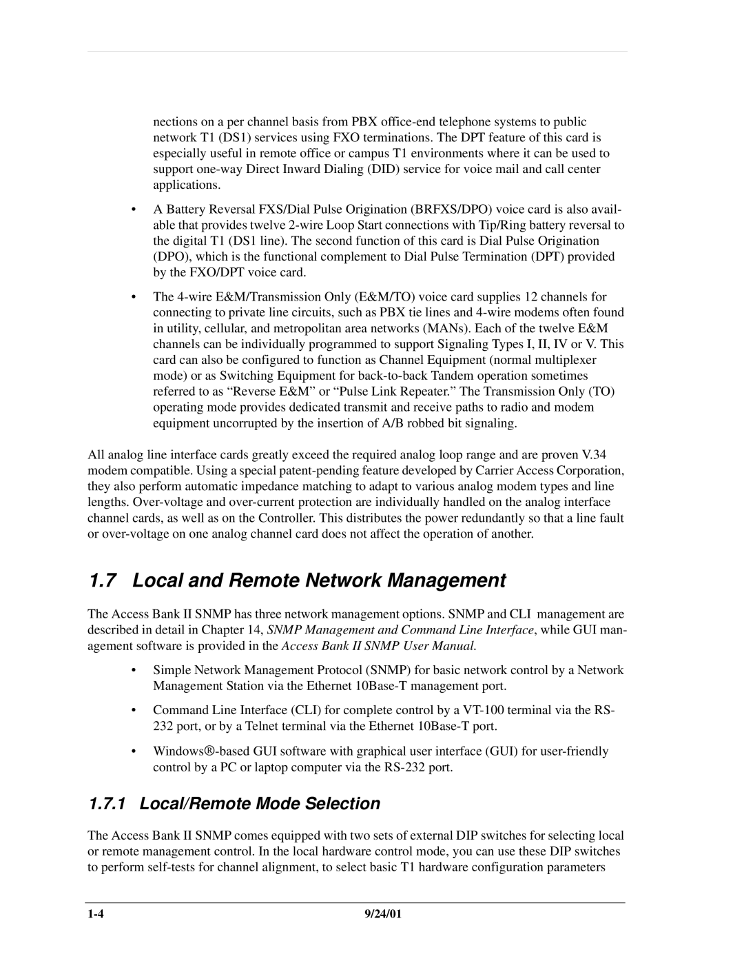 Carrier Access SNMP manual Local and Remote Network Management, Local/Remote Mode Selection 