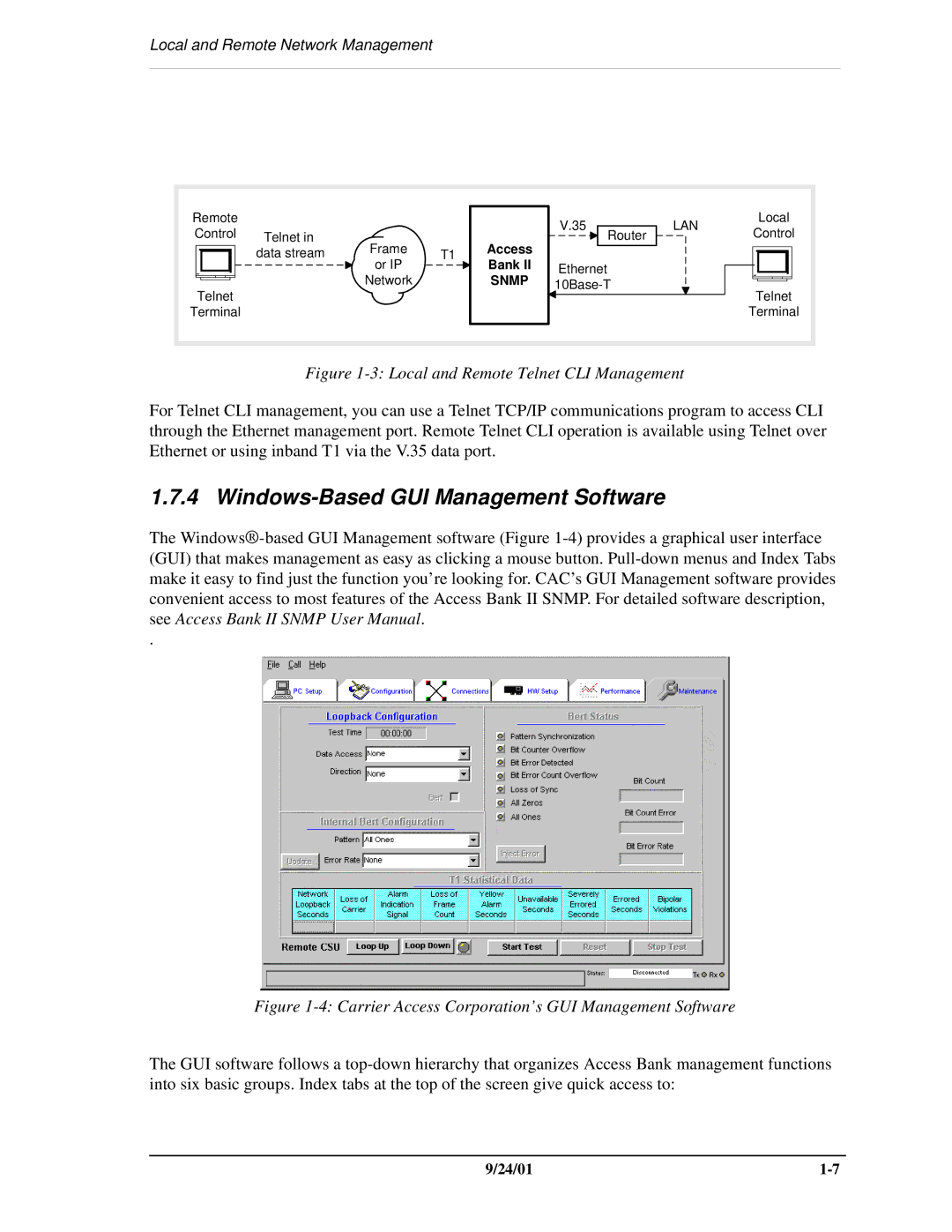 Carrier Access SNMP manual Windows-Based GUI Management Software, Local and Remote Telnet CLI Management 