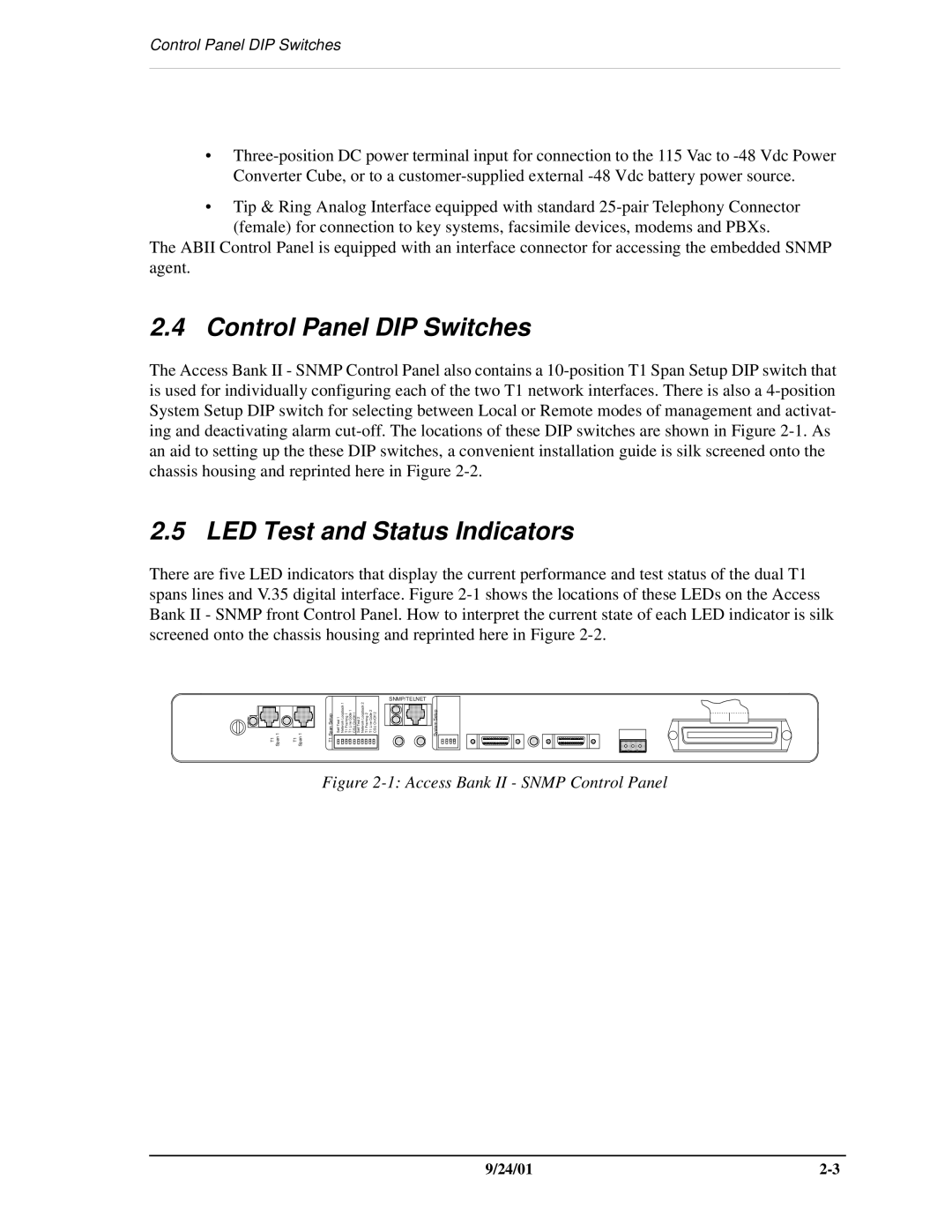 Carrier Access SNMP manual Control Panel DIP Switches, LED Test and Status Indicators 