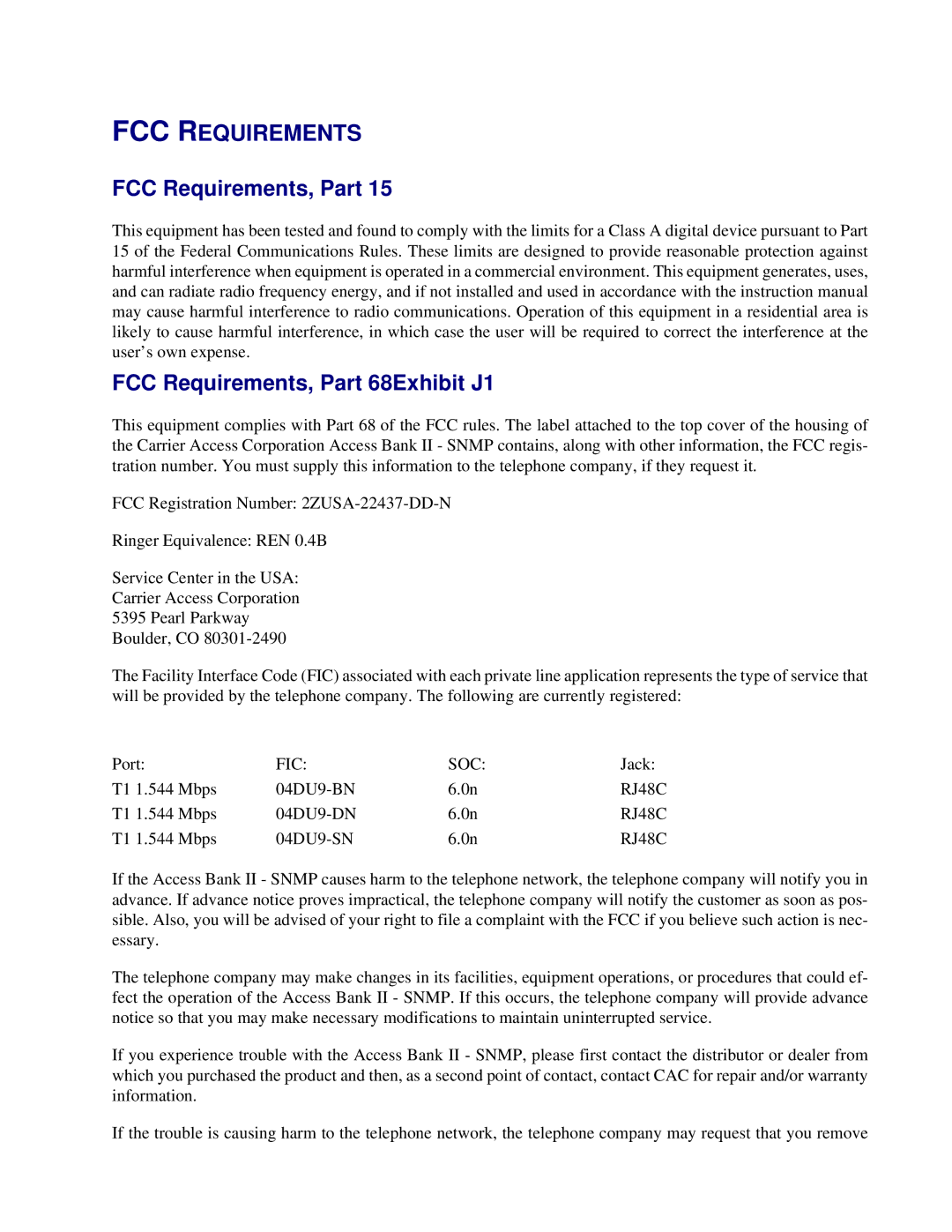 Carrier Access SNMP manual FCC Requirements 