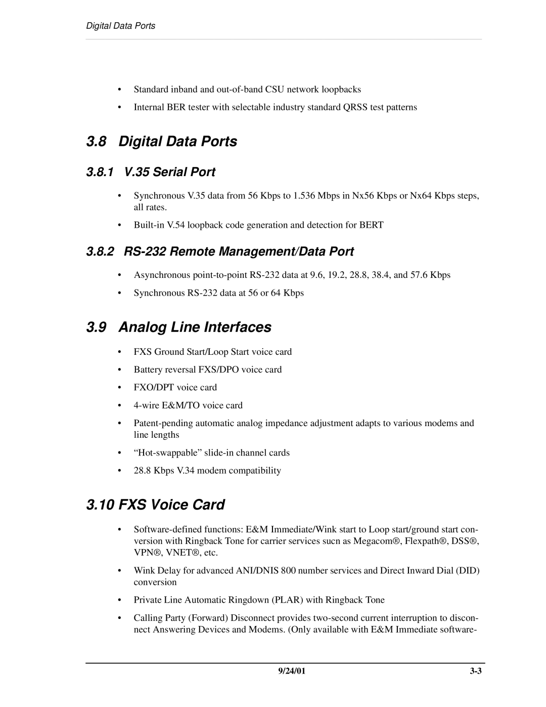 Carrier Access SNMP manual Analog Line Interfaces, FXS Voice Card, 1 V.35 Serial Port, 2 RS-232 Remote Management/Data Port 