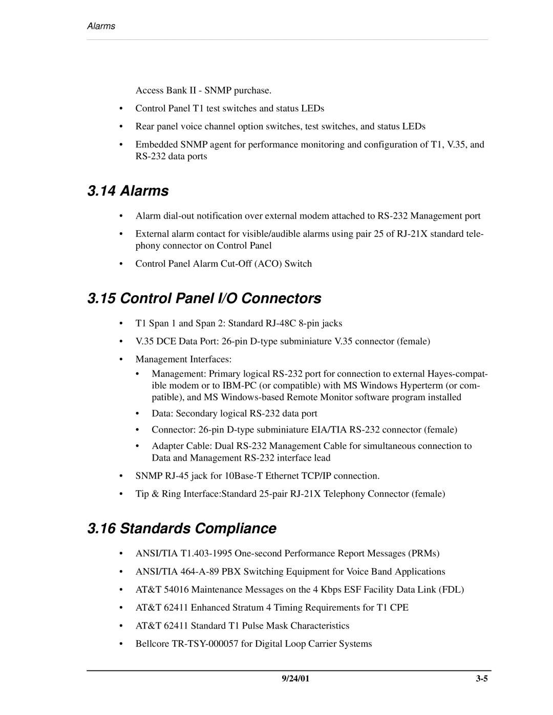 Carrier Access SNMP manual Alarms, Control Panel I/O Connectors, Standards Compliance 