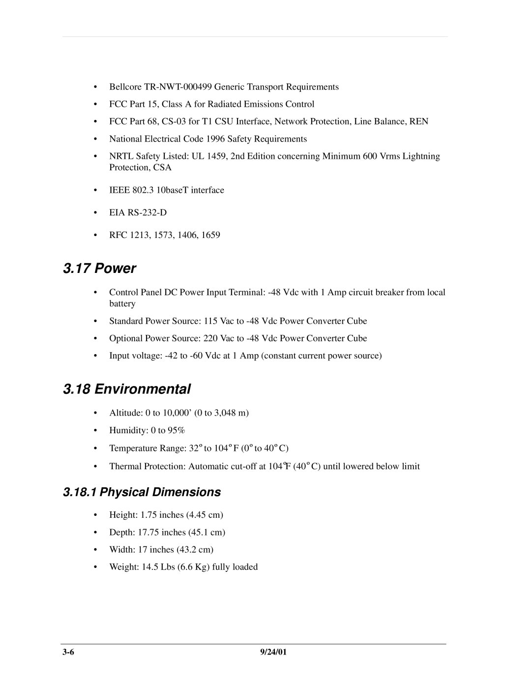 Carrier Access SNMP manual Power, Environmental, Physical Dimensions 