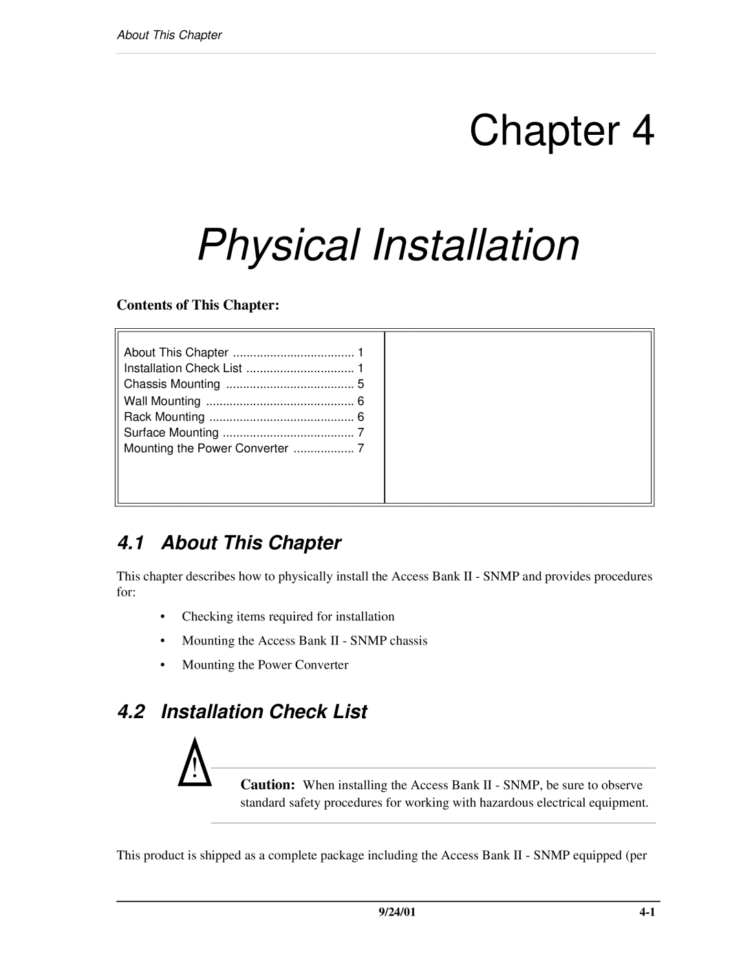 Carrier Access SNMP manual Physical Installation, Installation Check List 