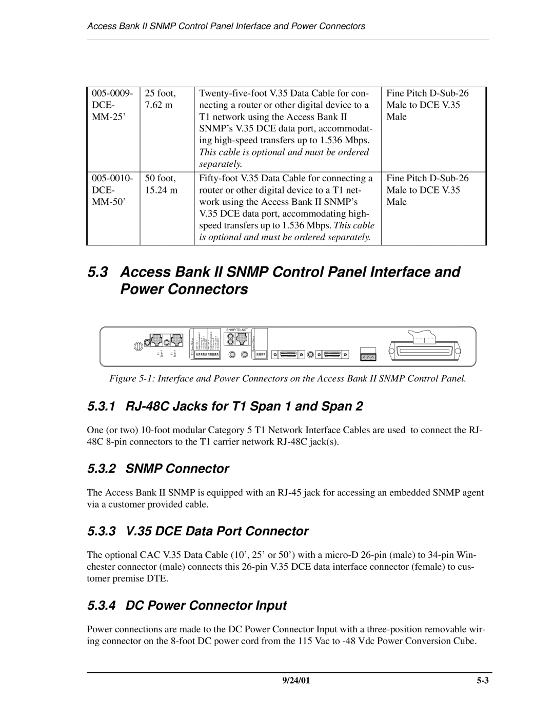 Carrier Access SNMP manual 1 RJ-48C Jacks for T1 Span 1 and Span, Snmp Connector, 3 V.35 DCE Data Port Connector 