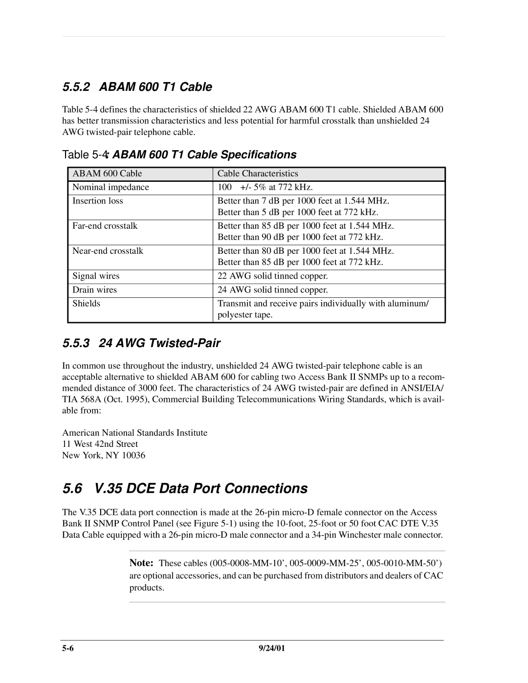 Carrier Access SNMP manual V.35 DCE Data Port Connections, Abam 600 T1 Cable, 3 24 AWG Twisted-Pair 