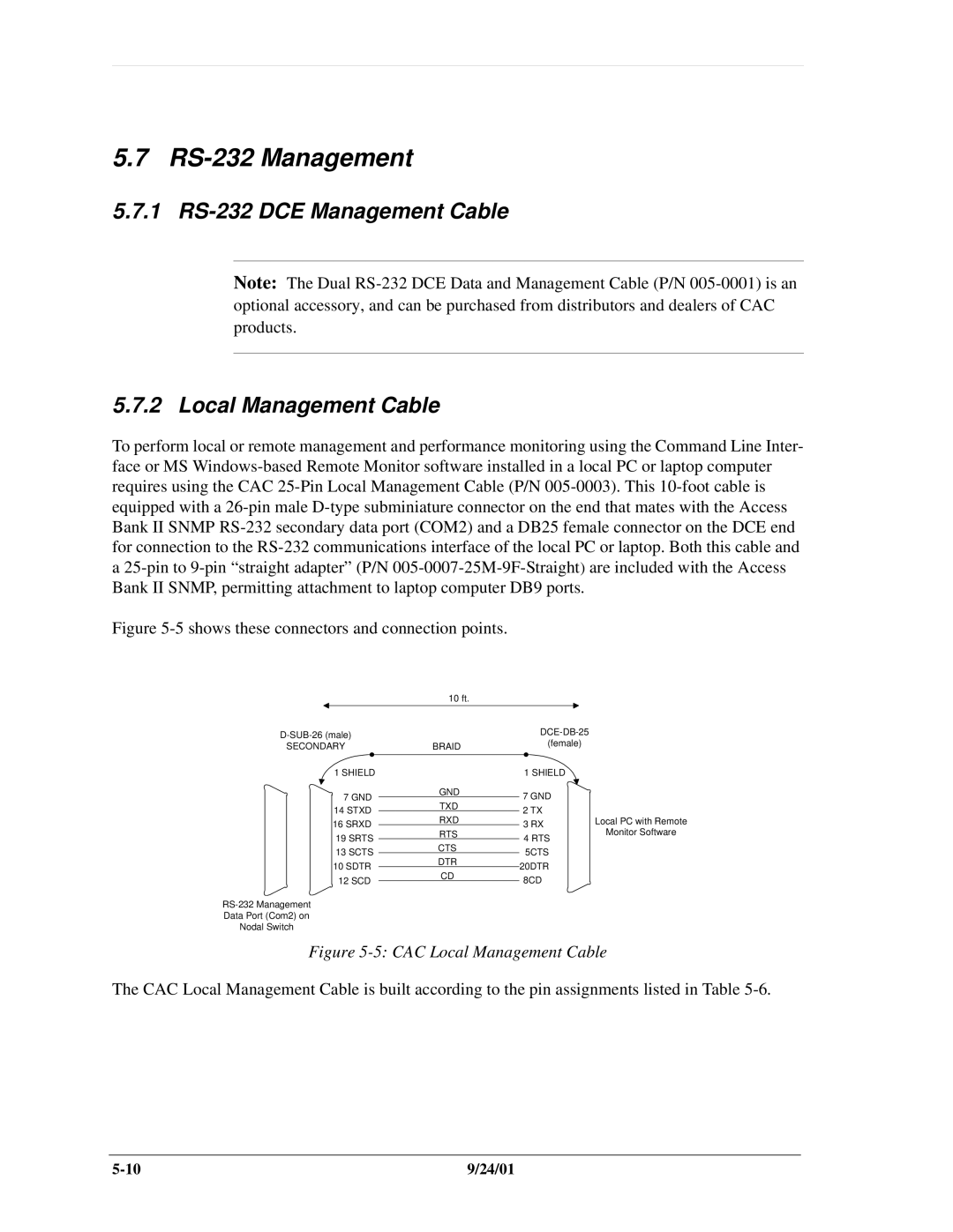 Carrier Access SNMP manual RS-232 Management, 1 RS-232 DCE Management Cable Local Management Cable 