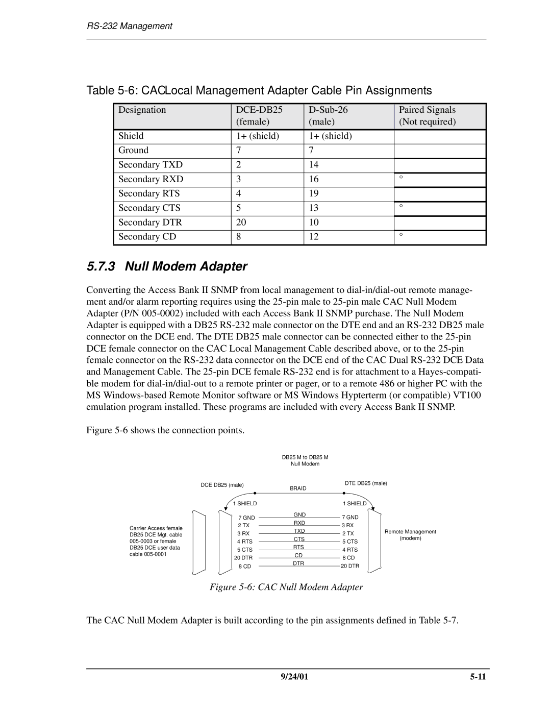 Carrier Access SNMP manual Null Modem Adapter, CAC Local Management Adapter Cable Pin Assignments 