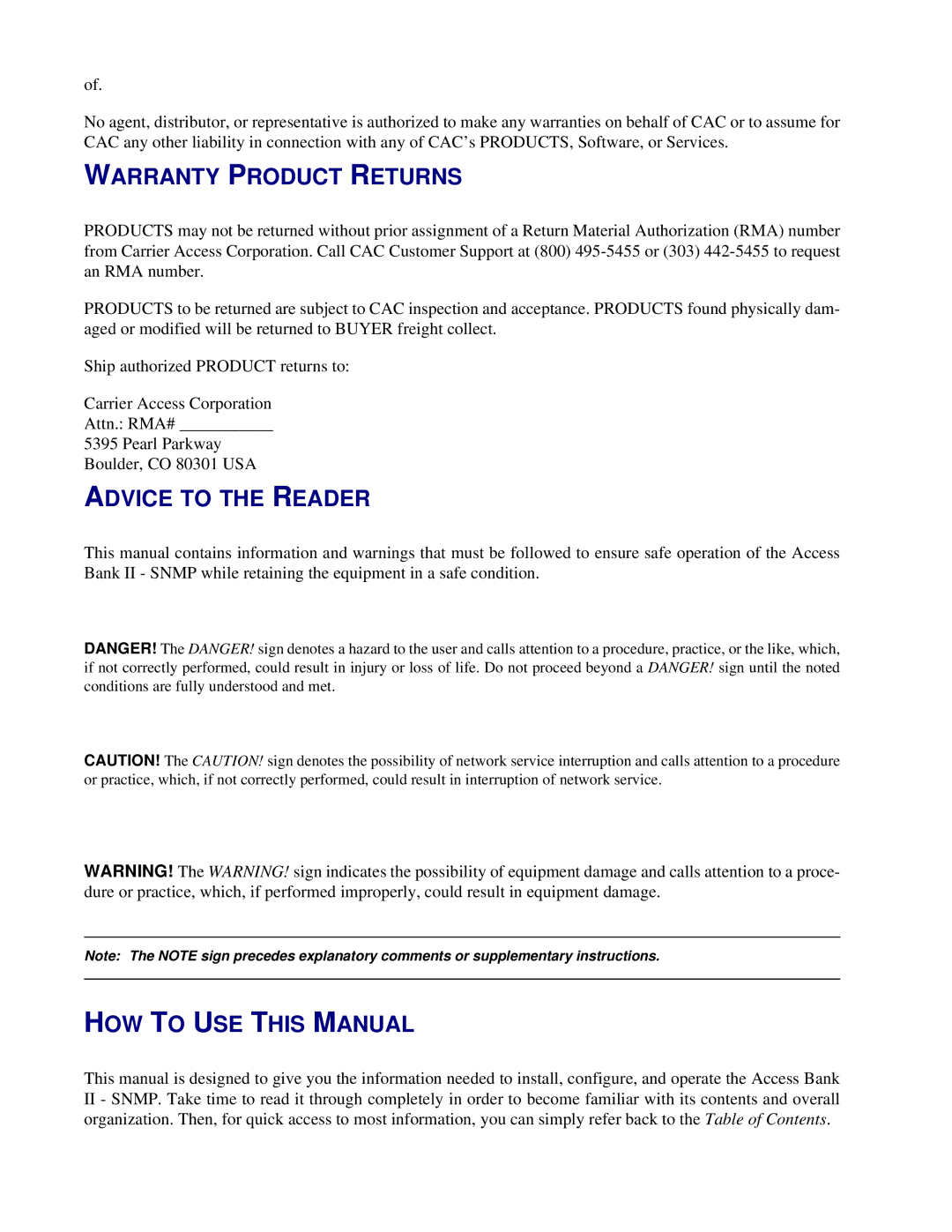 Carrier Access SNMP manual Warranty Product Returns 