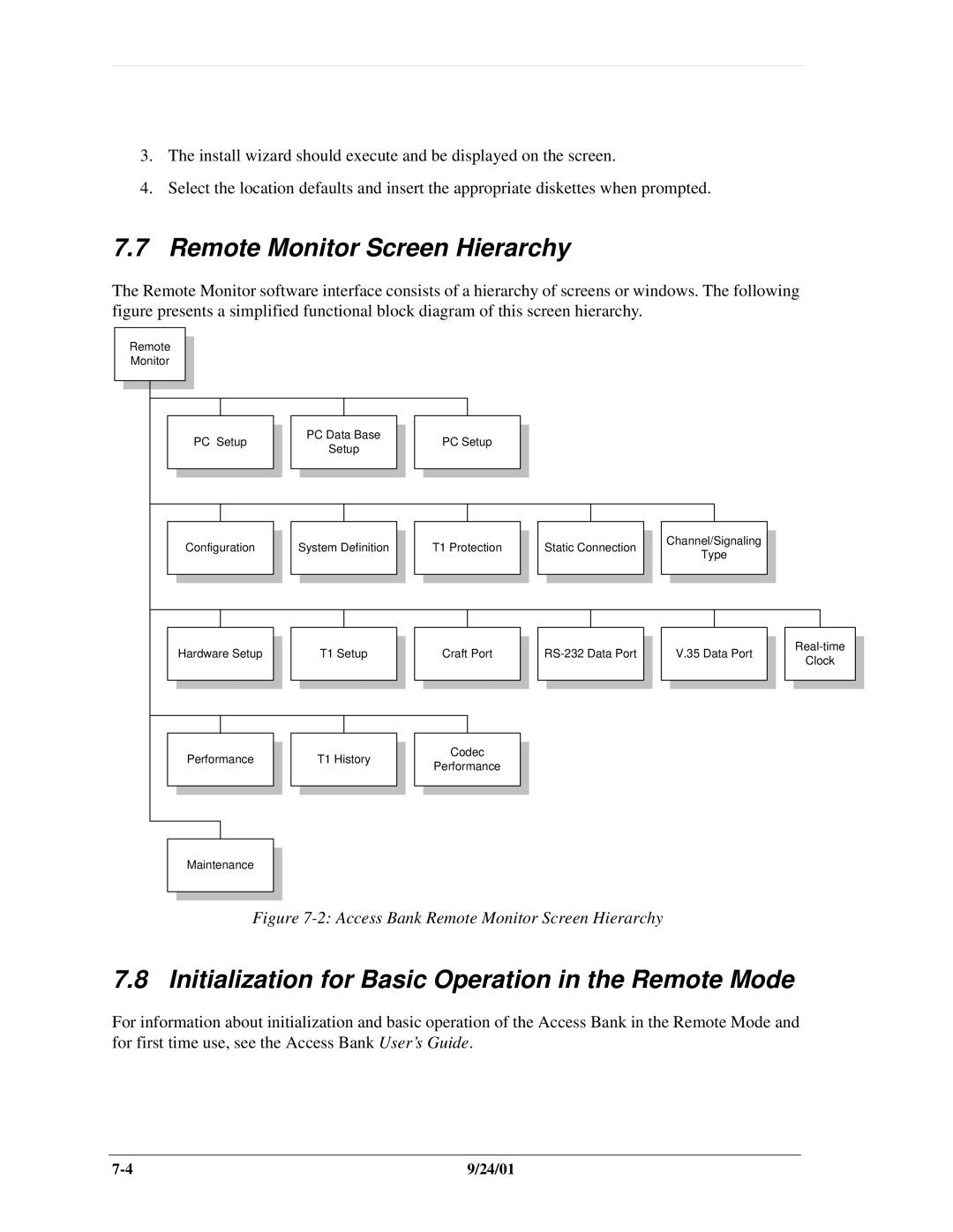 Carrier Access SNMP manual Remote Monitor Screen Hierarchy, Initialization for Basic Operation in the Remote Mode 