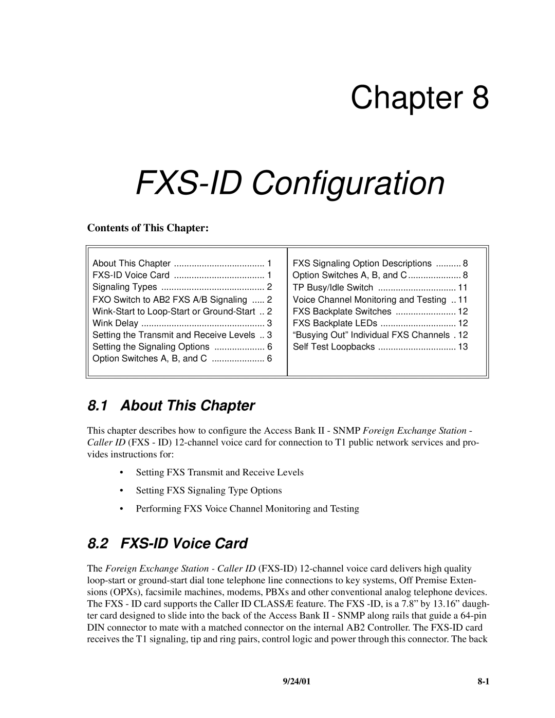 Carrier Access SNMP manual FXS-ID Configuration, FXS-ID Voice Card 