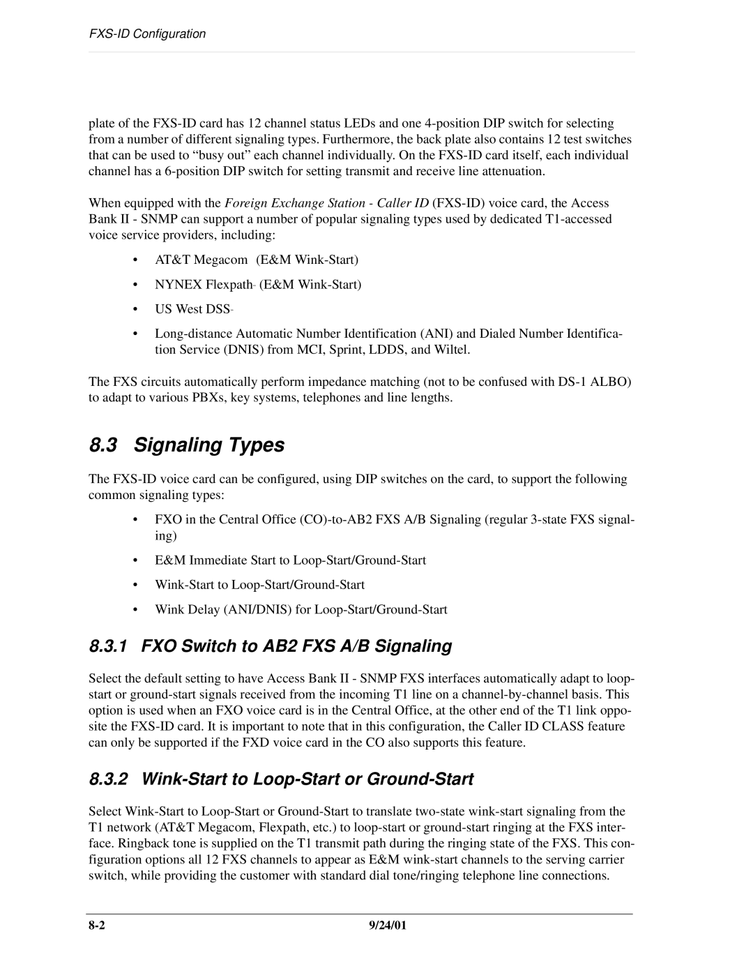 Carrier Access SNMP manual Signaling Types, FXO Switch to AB2 FXS A/B Signaling, Wink-Start to Loop-Start or Ground-Start 