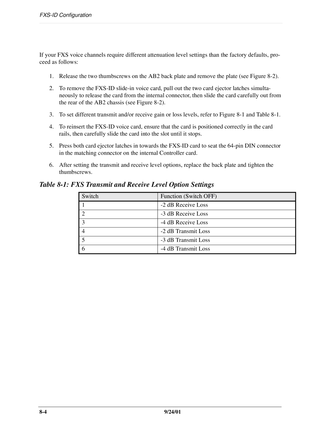 Carrier Access SNMP manual FXS Transmit and Receive Level Option Settings 