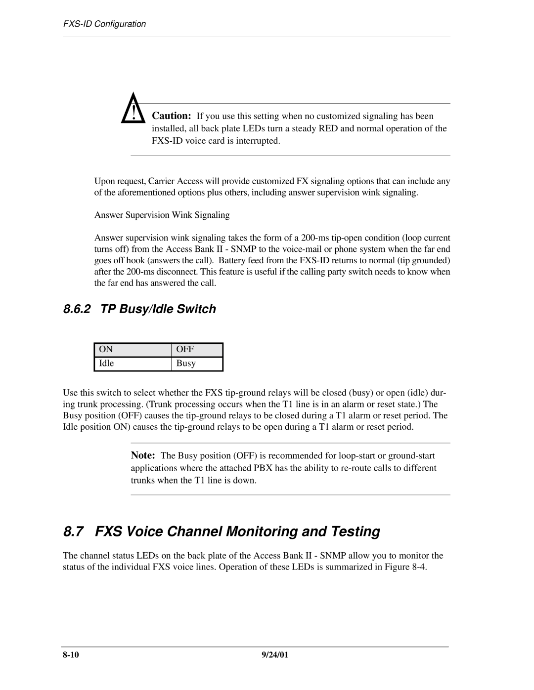 Carrier Access SNMP manual FXS Voice Channel Monitoring and Testing, TP Busy/Idle Switch 