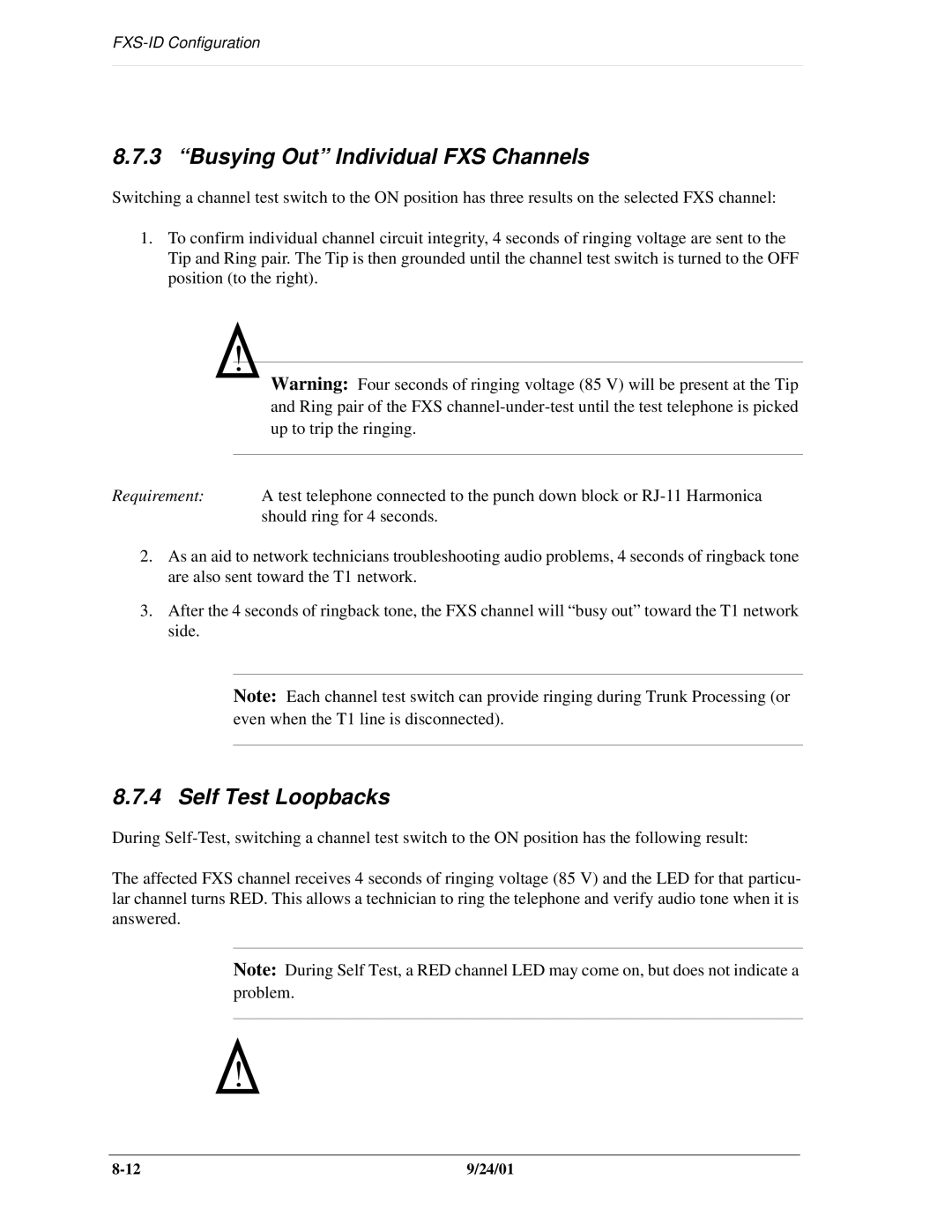 Carrier Access SNMP manual Busying Out Individual FXS Channels, Self Test Loopbacks 