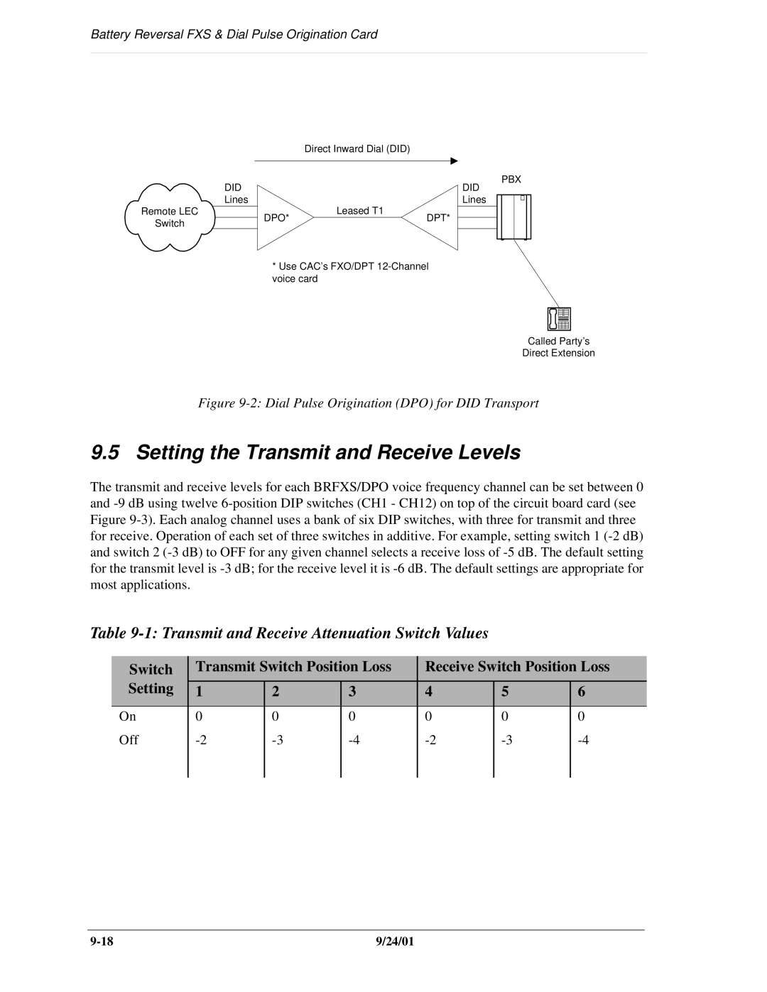 Carrier Access SNMP manual Setting the Transmit and Receive Levels, Transmit and Receive Attenuation Switch Values 