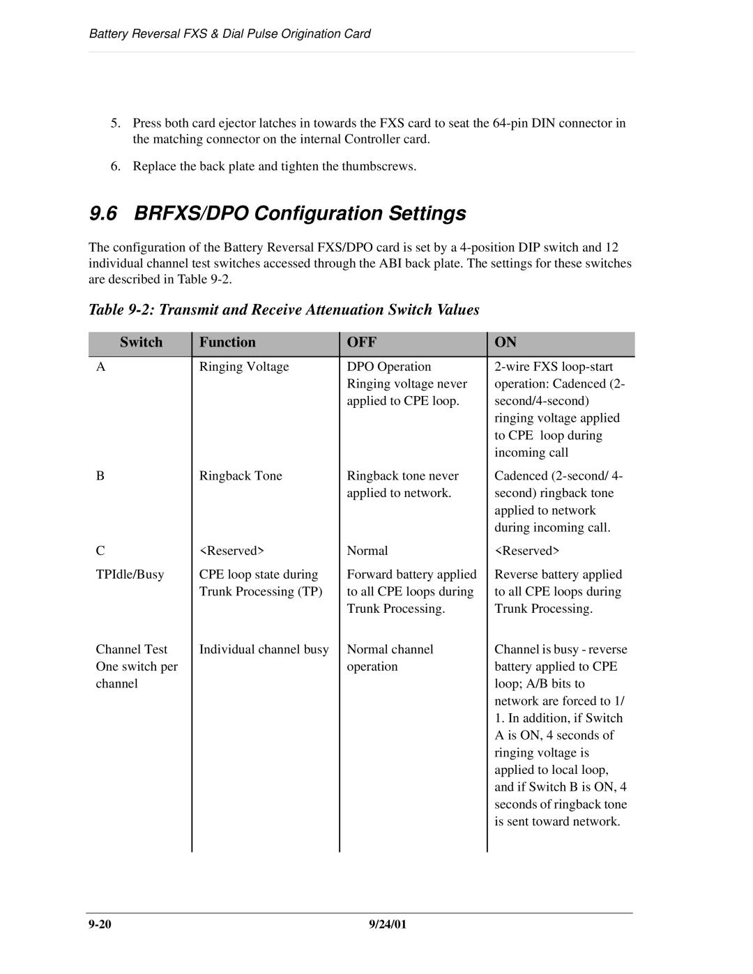 Carrier Access SNMP manual BRFXS/DPO Configuration Settings, Off 