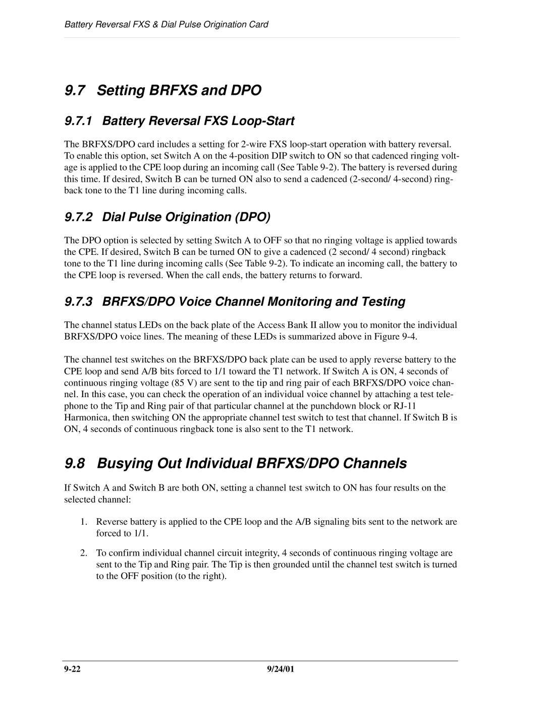 Carrier Access SNMP Setting Brfxs and DPO, Busying Out Individual BRFXS/DPO Channels, Battery Reversal FXS Loop-Start 