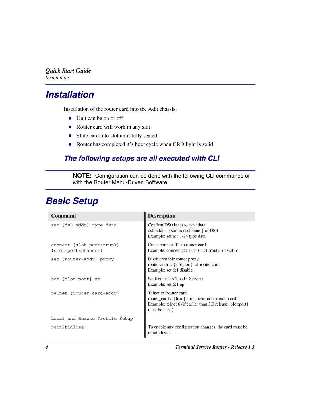 Carrier Access Terminal Server Router quick start Installation, Basic Setup 