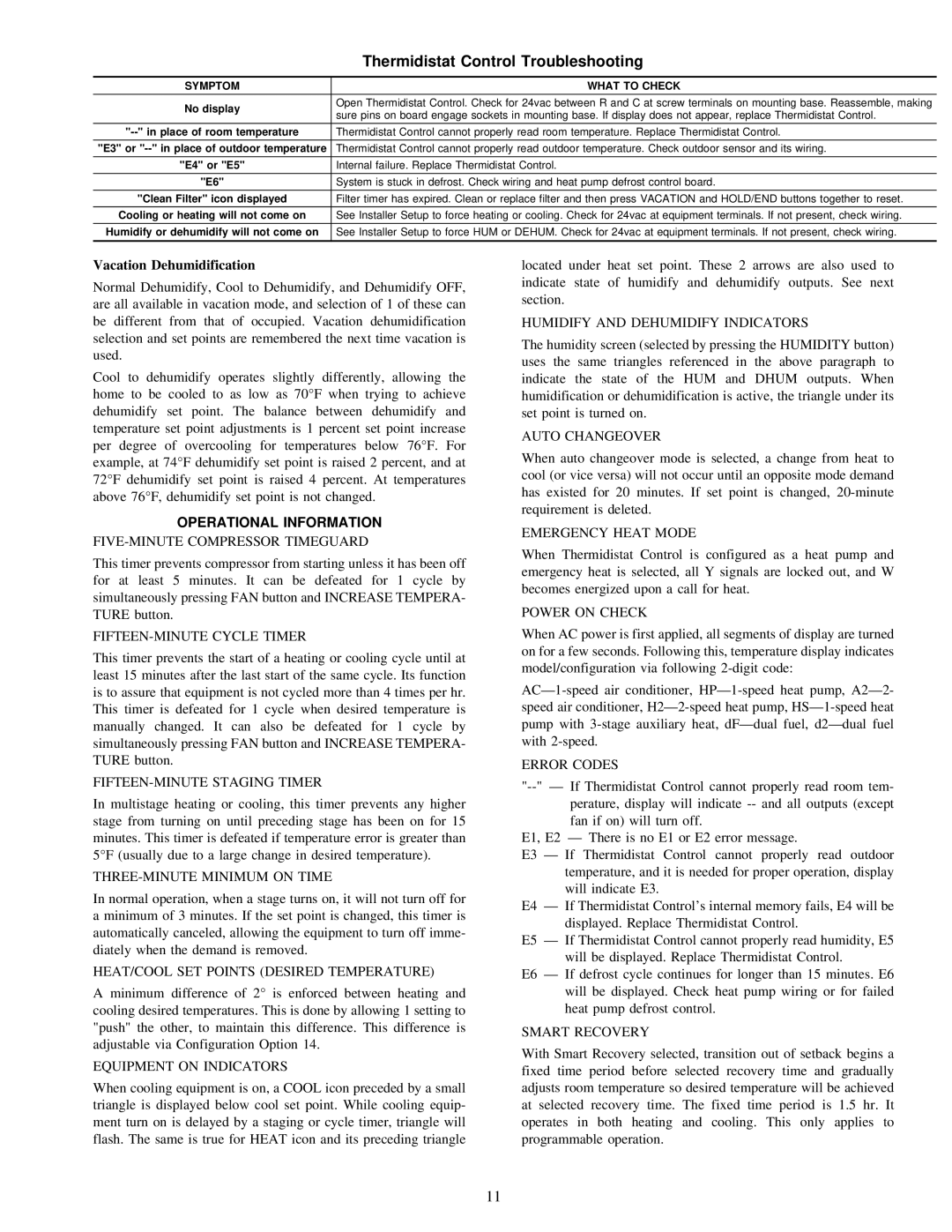 Carrier Access Thermidistat Control Troubleshooting, Vacation Dehumidification, Operational Information 