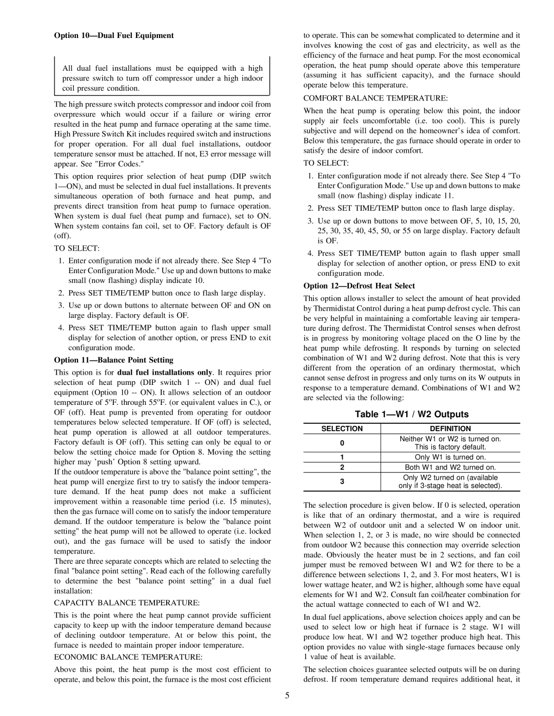 Carrier Access Thermidistat ÐW1 / W2 Outputs, Option 10ÐDual Fuel Equipment, Option 11ÐBalance Point Setting 