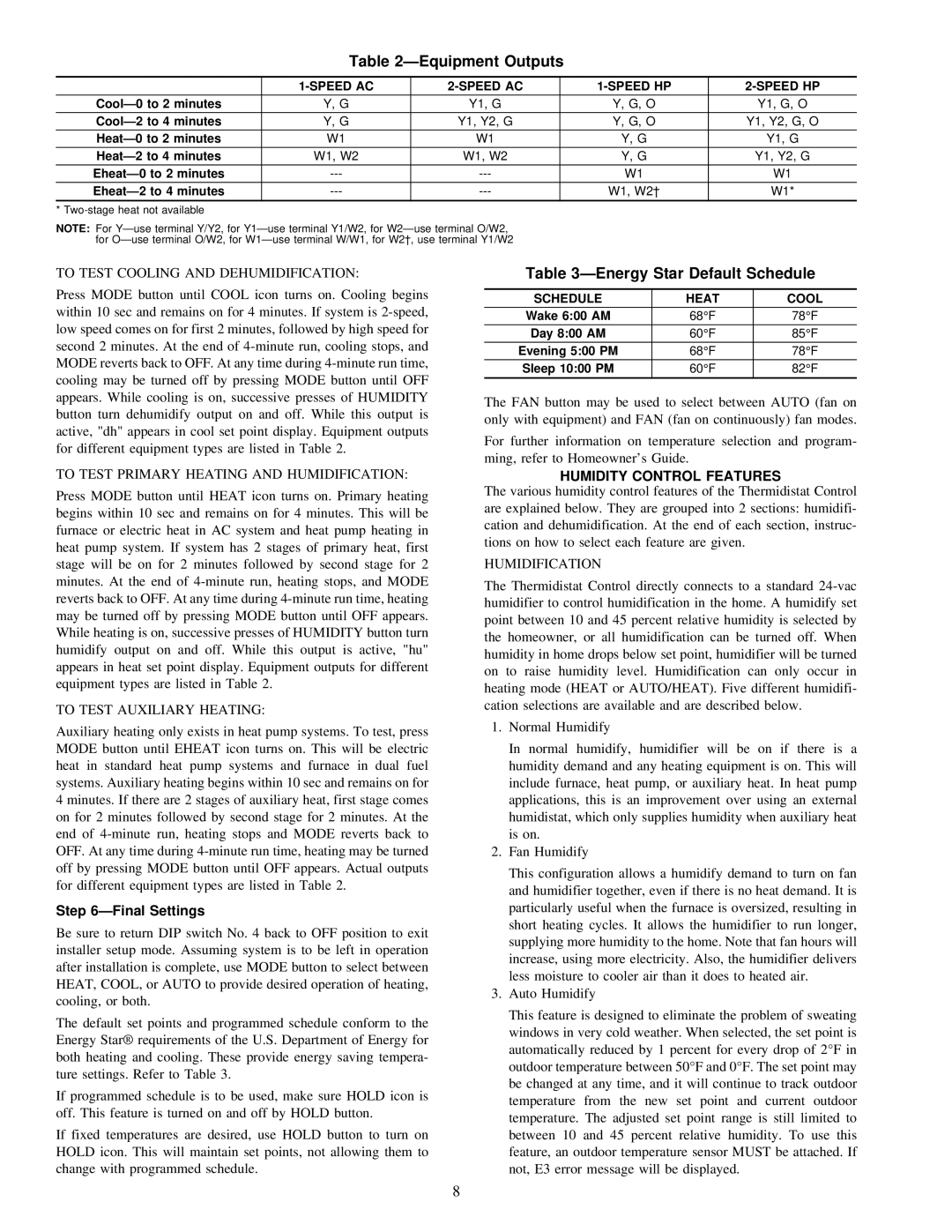 Carrier Access Thermidistat ÐEquipment Outputs, ÐEnergy Star Default Schedule, ÐFinal Settings, Humidity Control Features 