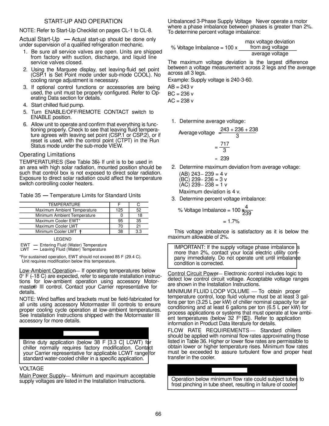 Carrier Air Conditioner specifications START-UP and Operation, Operating Limitations, Temperature Limits for Standard Units 