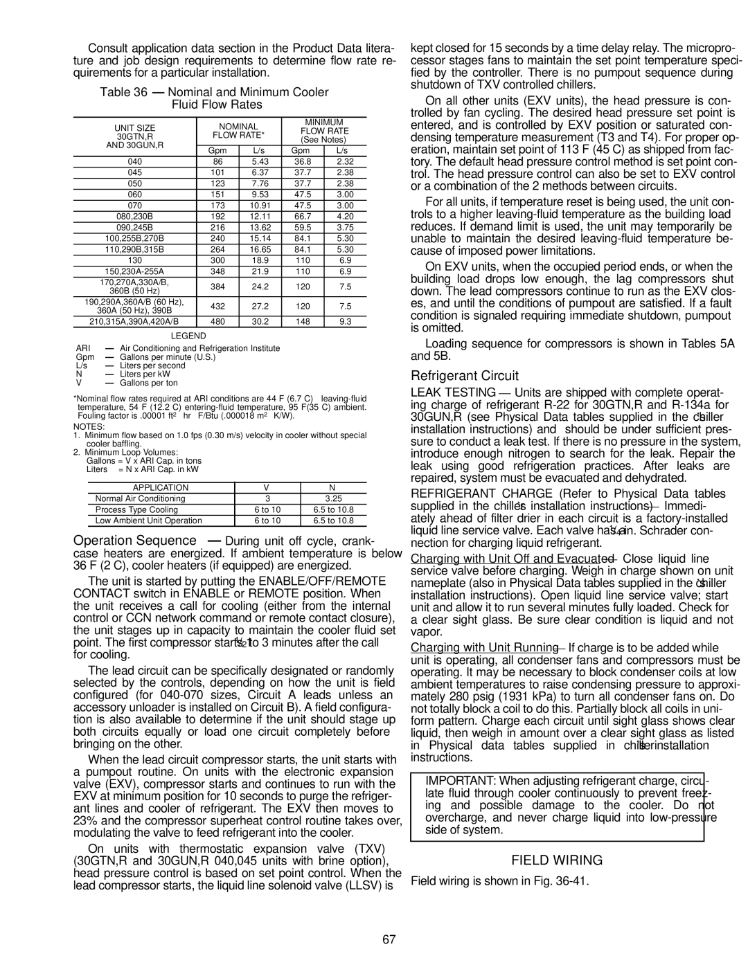 Carrier Air Conditioner specifications Refrigerant Circuit, Field Wiring, Nominal and Minimum Cooler Fluid Flow Rates 