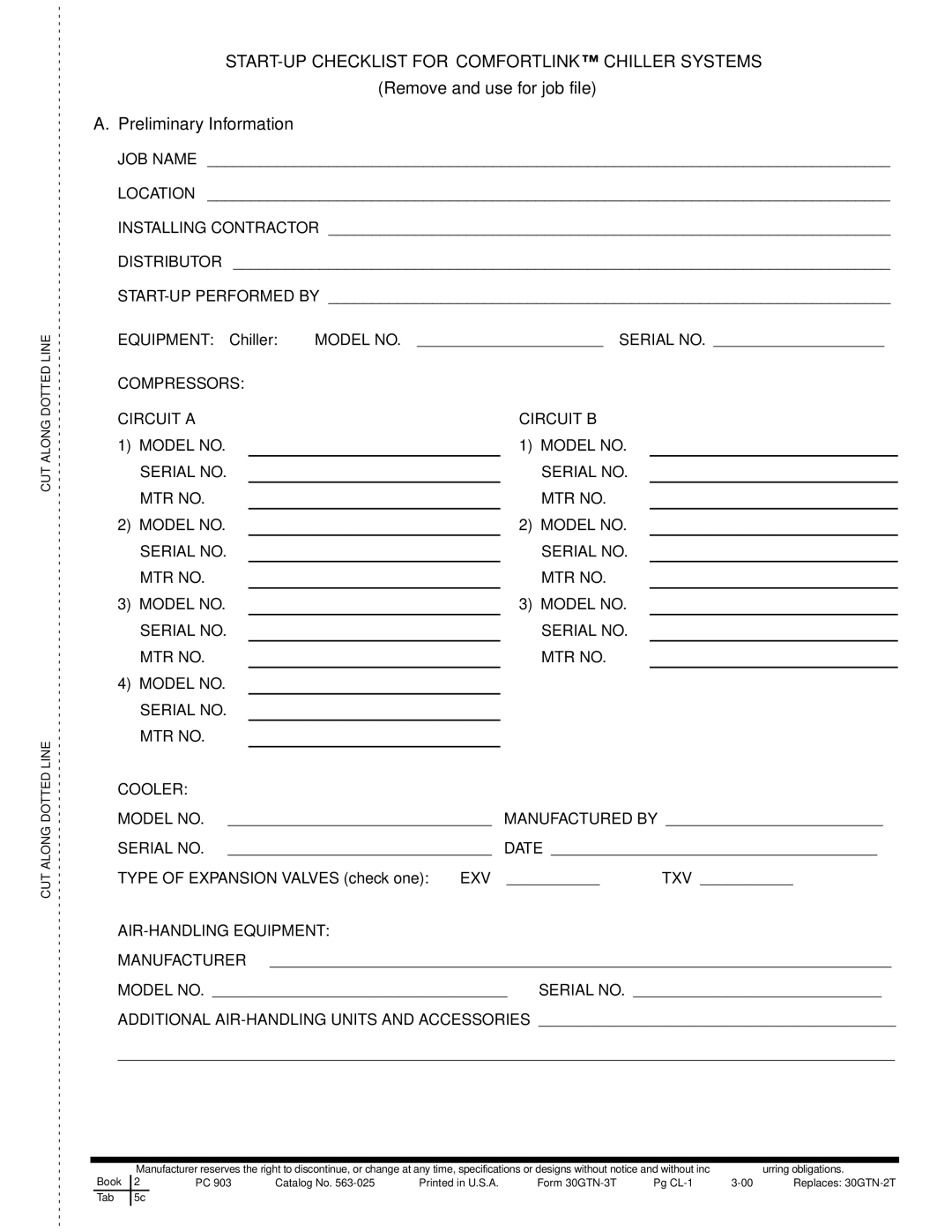 Carrier Air Conditioner specifications START-UP Checklist for Comfortlink Chiller Systems, Equipment Chiller Model no 