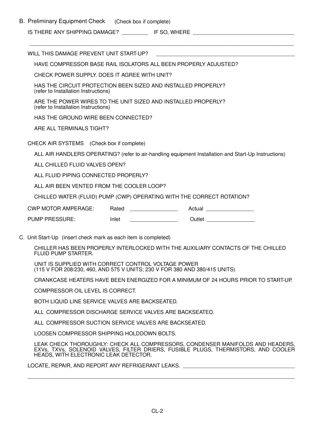 Carrier Air Conditioner specifications Preliminary Equipment Check Check box if complete 