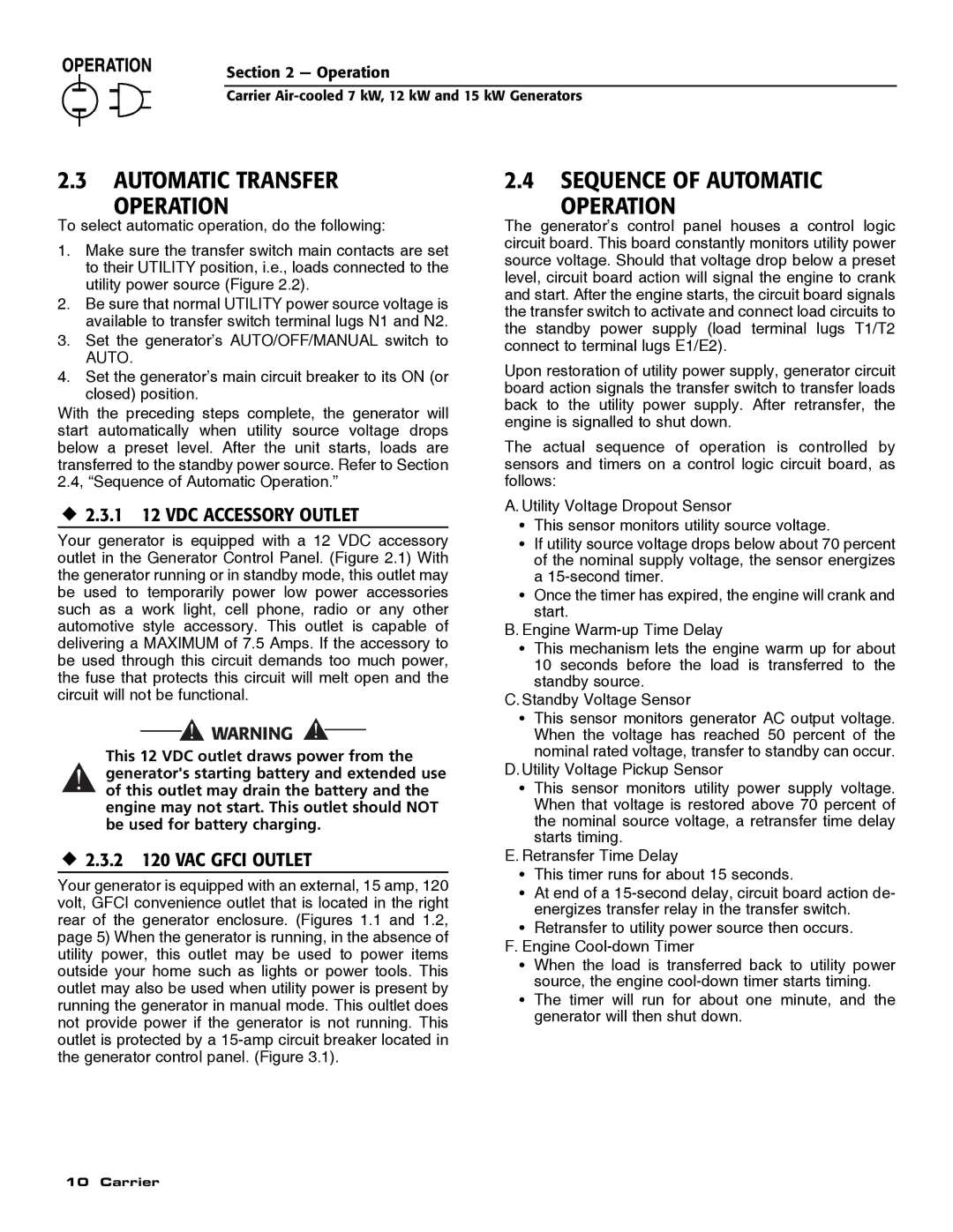 Carrier ASPAS1CCA007 Automatic Transfer Operation, Sequence of Automatic Operation, ‹ 2.3.1 12 VDC Accessory Outlet 