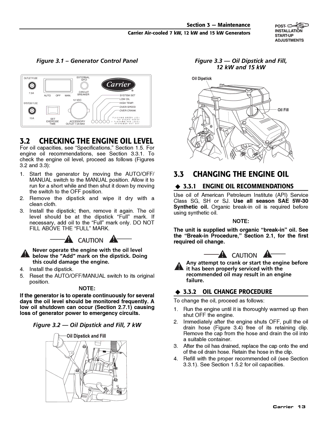 Carrier ASPAS1CCA007 Checking the Engine OIL Level, Changing the Engine OIL, ‹ 3.3.1 Engine OIL Recommendations 