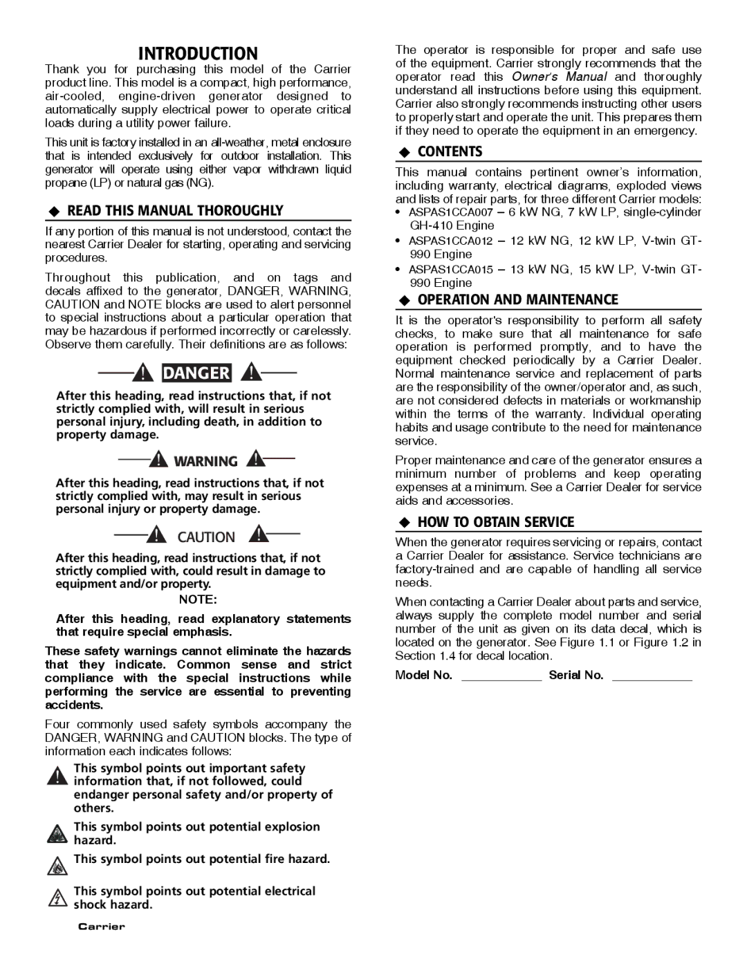 Carrier ASPAS1CCA007 owner manual Introduction, ‹ Read this Manual Thoroughly, ‹ Contents, ‹ Operation and Maintenance 