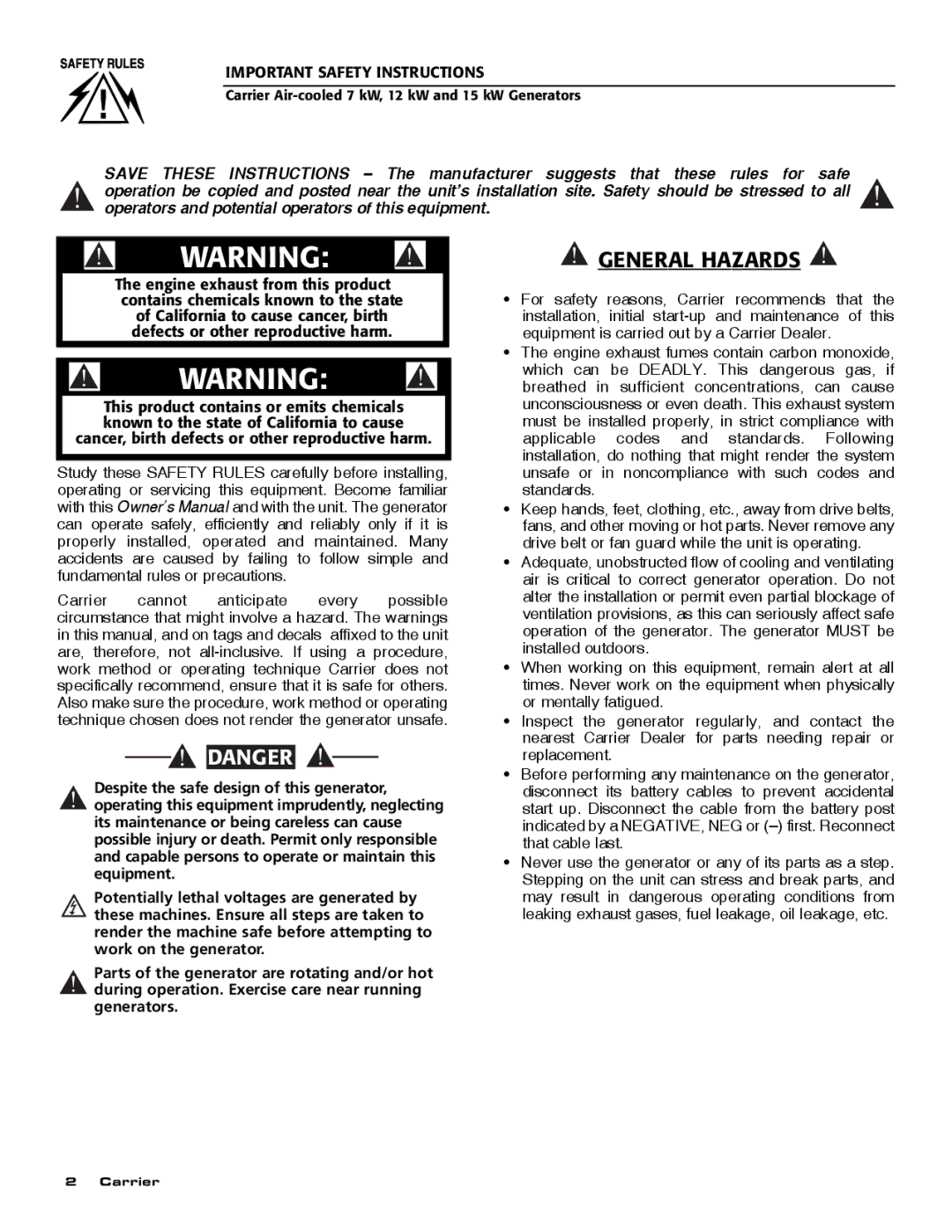 Carrier ASPAS1CCA007 owner manual General Hazards 