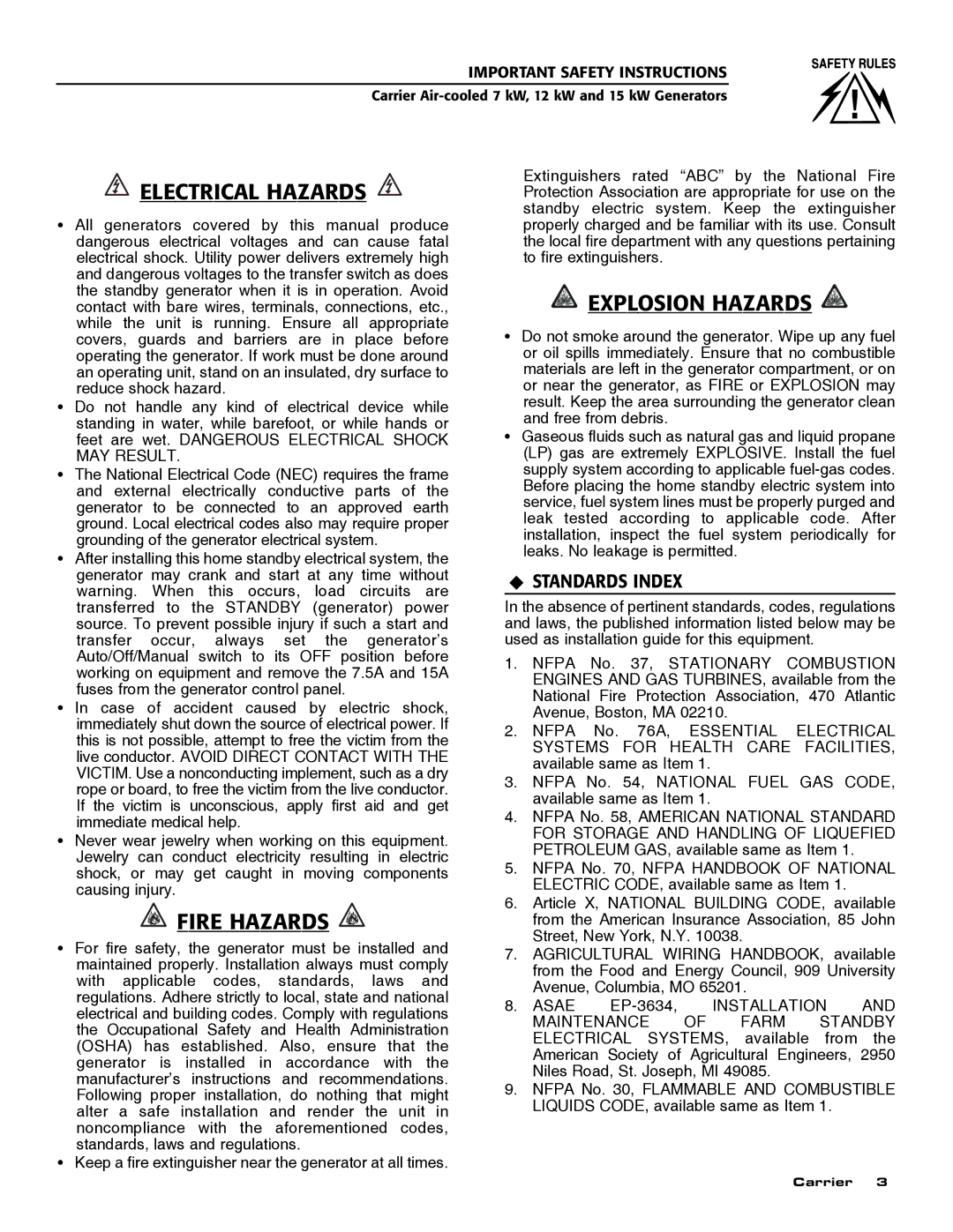 Carrier ASPAS1CCA007 owner manual Electrical Hazards, Fire Hazards, Explosion Hazards, ‹ Standards Index 