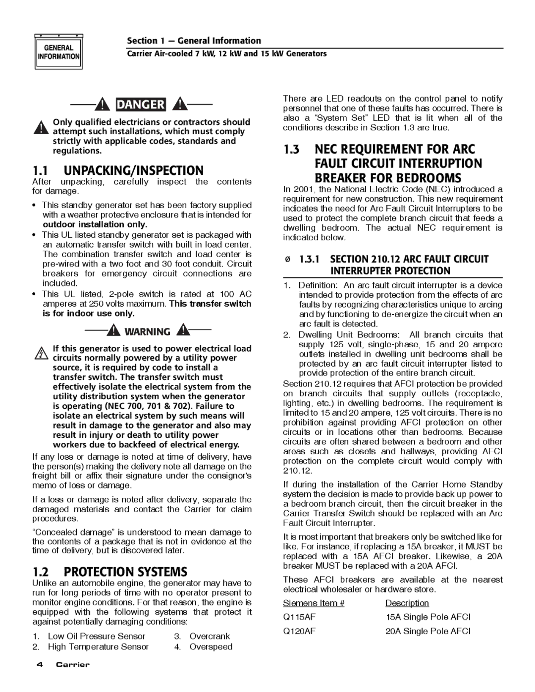 Carrier ASPAS1CCA007 owner manual Unpacking/Inspection, Protection Systems, Breaker for Bedrooms 