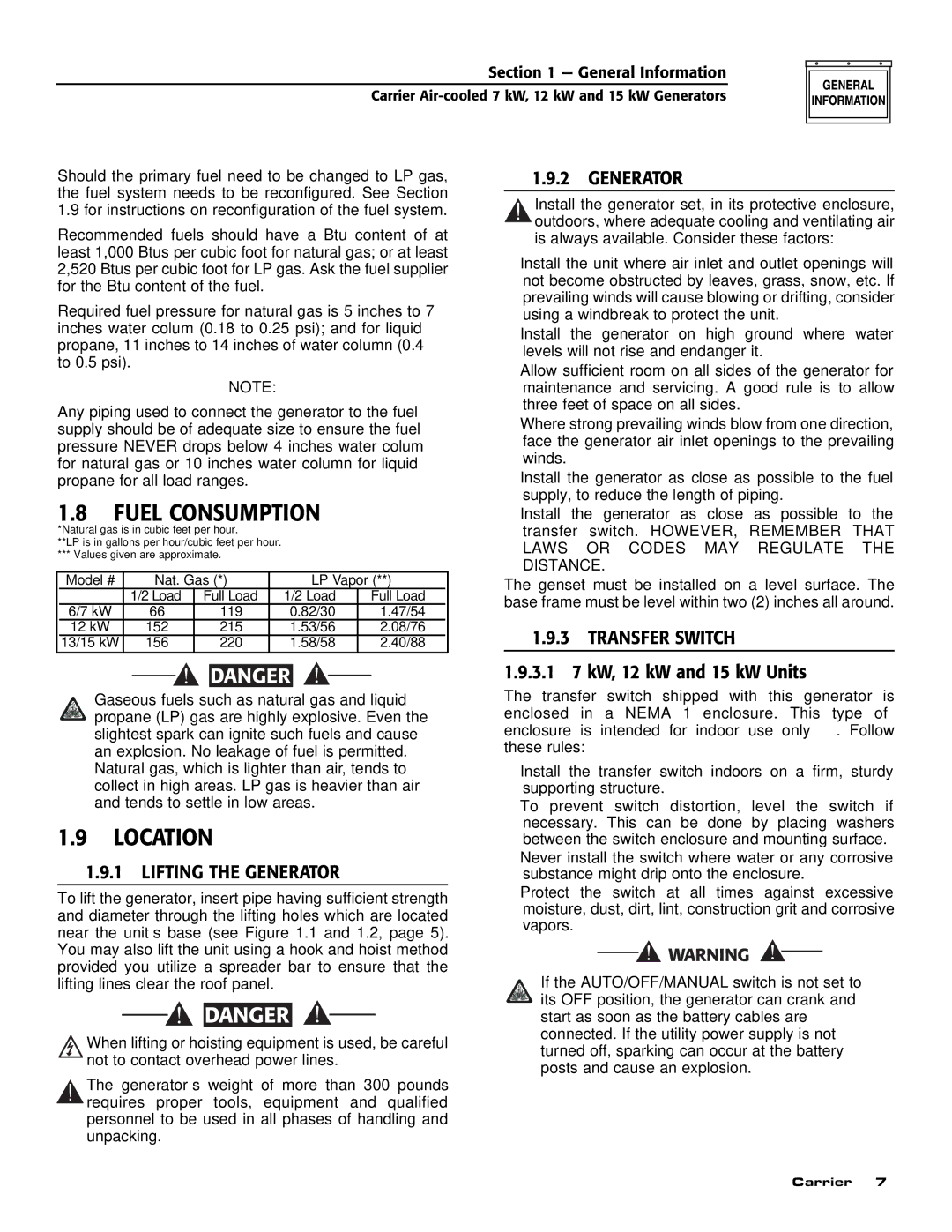 Carrier ASPAS1CCA007 owner manual Fuel Consumption, Location, Lifting the Generator, Transfer Switch 