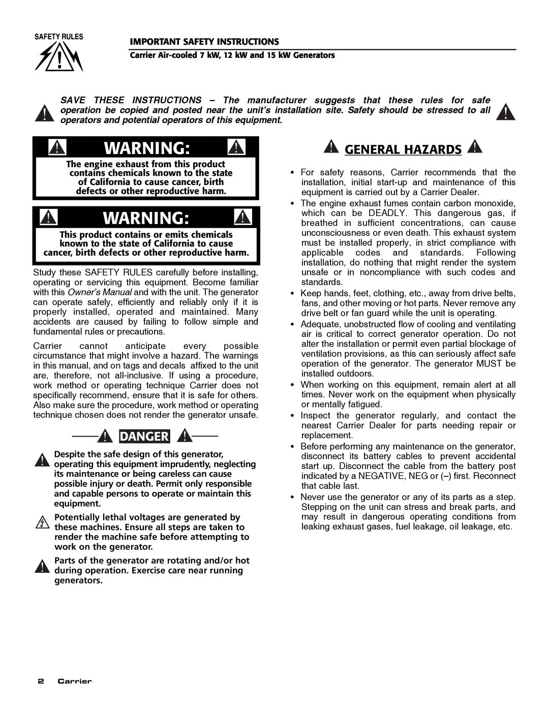 Carrier ASPAS1CCA007 owner manual General Hazards, Danger 
