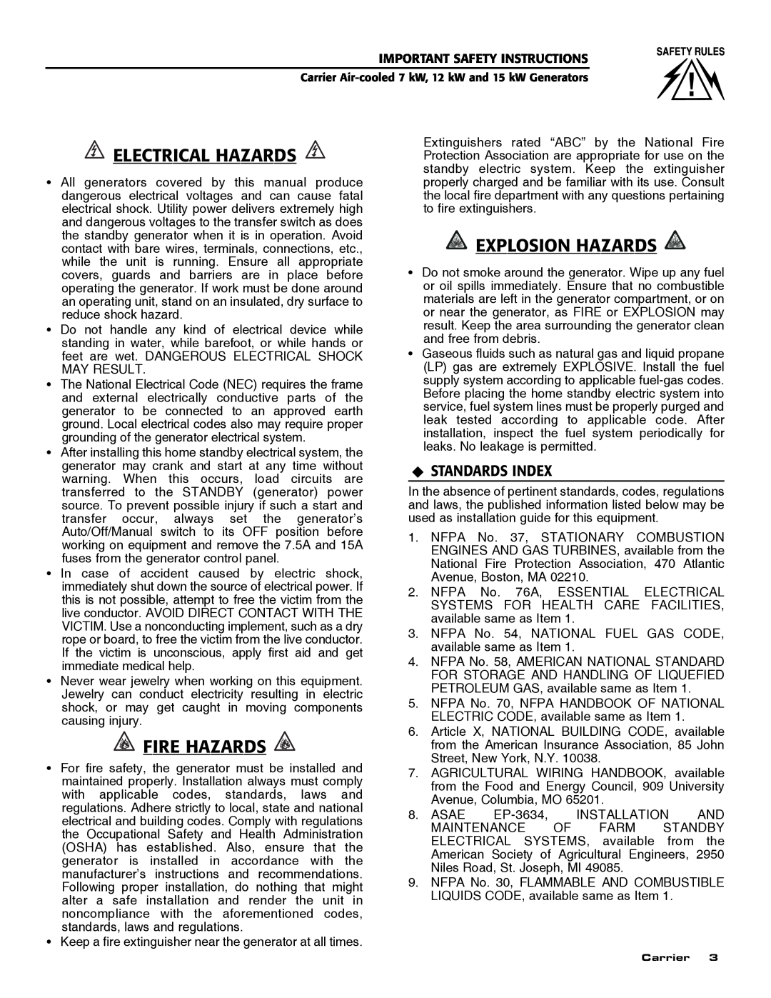 Carrier ASPAS1CCA007 owner manual Electrical Hazards, Fire Hazards, Explosion Hazards, ‹Standards Index 