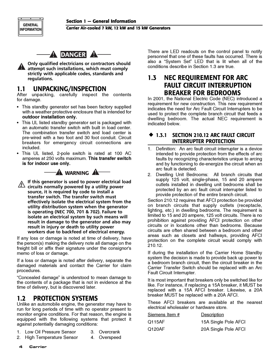 Carrier ASPAS1CCA007 owner manual 1.1UNPACKING/INSPECTION, 1.2PROTECTION SYSTEMS, Breaker For Bedrooms, Danger 