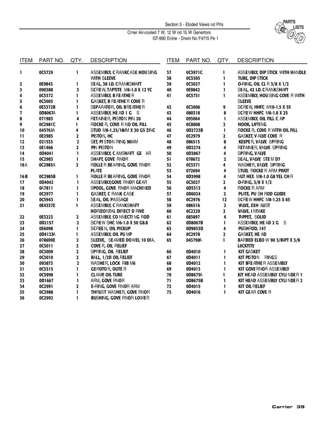 Carrier ASPAS1CCA012 With Sleeve, SEAL, 38 I.D. Crankshaft, SEAL, 42 I.D. Crankshaft, ASSEMBLY, Breather, HOOK, Lifting 