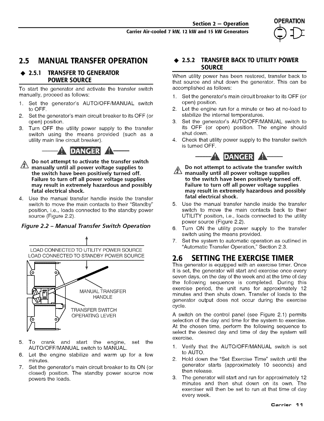 Carrier ASPASICCA007 Manual Transfer Operation, Transfer to Generator Power Source, Transfer Back to Utility Power Source 