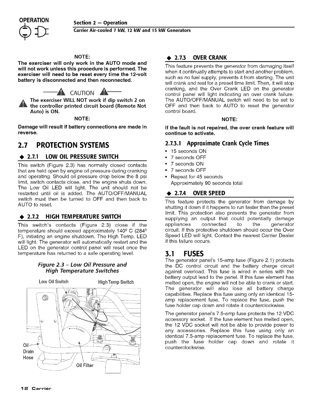 Carrier ASPASICCA012, ASPASICCA015 Fuses, Over Crank, LOW OIL Pressure Switch, High Temperature Switch, Over Speed 