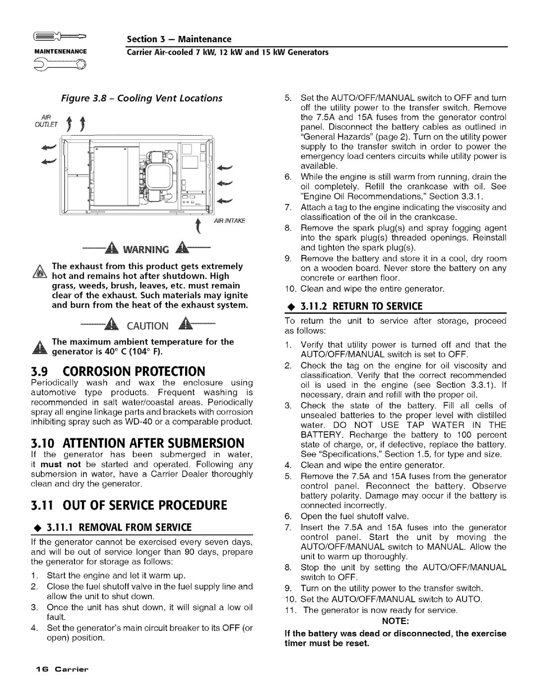 Carrier ASPASICCA015, ASPASICCA007 Corrosion Protection, OUT of Service Procedure, Removal from Service, Return to Service 