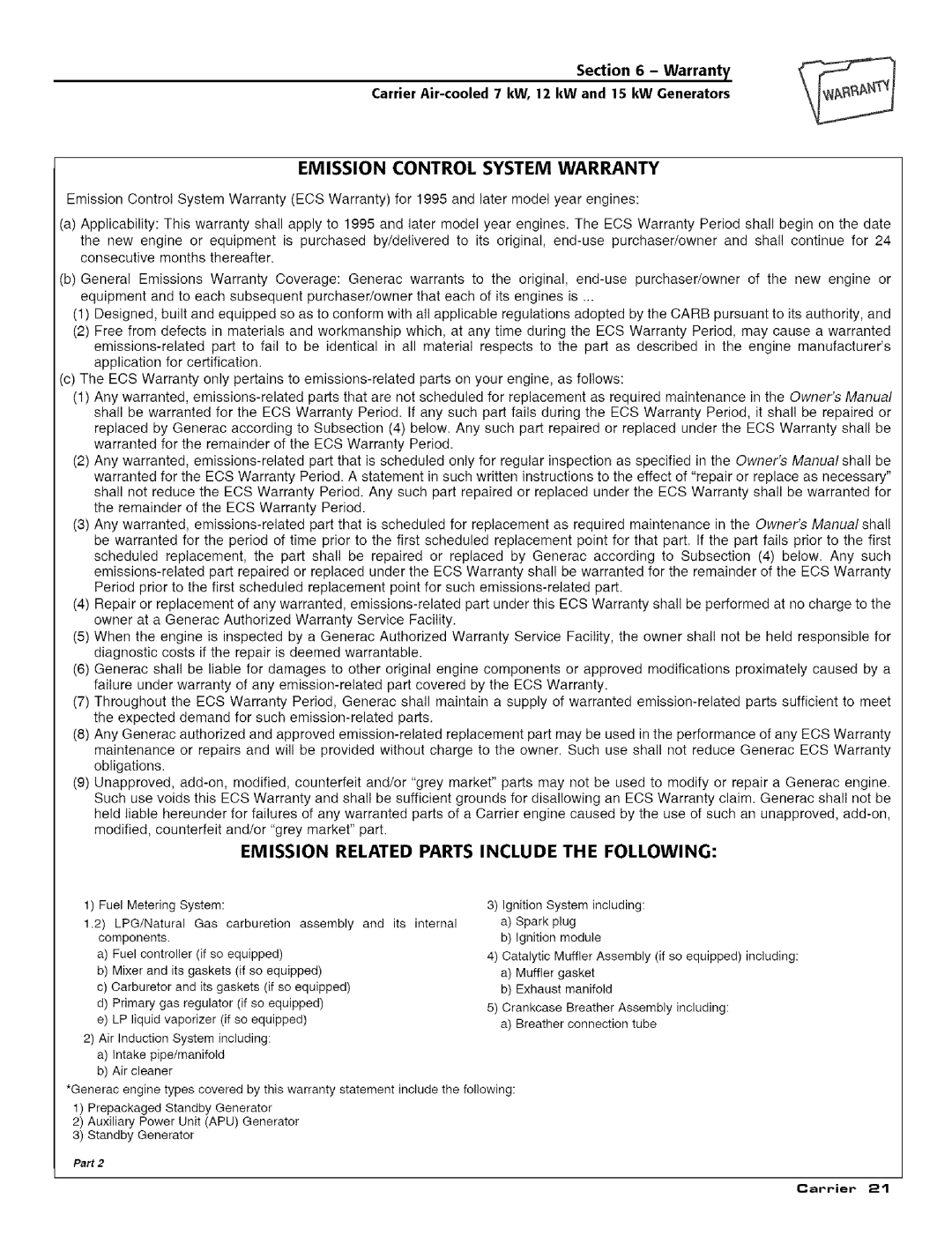 Carrier ASPASICCA012, ASPASICCA015 Emission Control System Warranty, Emission Related Parts Include the Following 