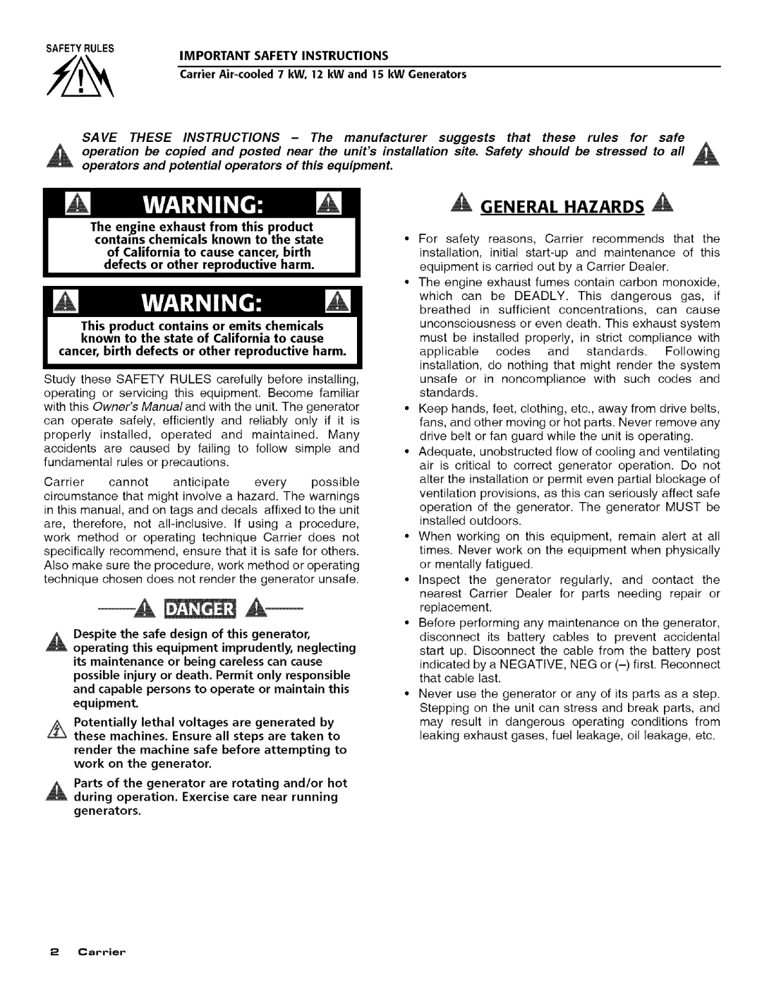 Carrier ASPASICCA007, ASPASICCA015, ASPASICCA012 owner manual General Hazards, Safetyrules Important Safety Instructions 