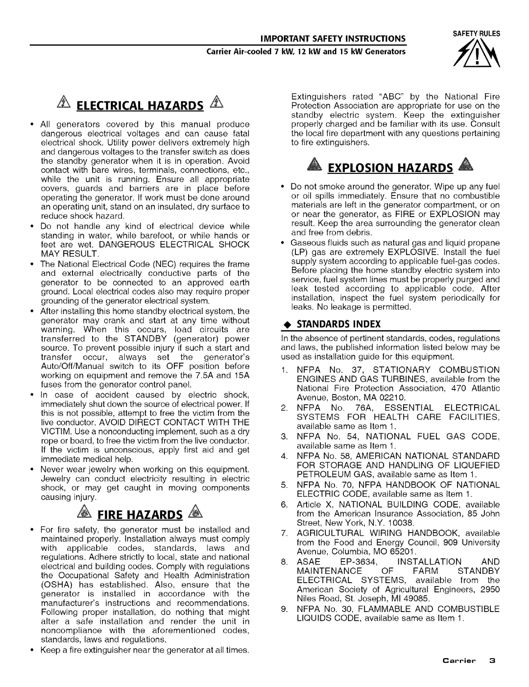 Carrier ASPASICCA012, ASPASICCA015, ASPASICCA007 owner manual Important Safety Instructions Safetyrules, Standards Index 