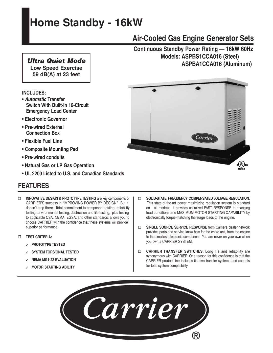 Carrier ASPBS1CCA016, ASPBA1CCA016 manual Home Standby 16kW 