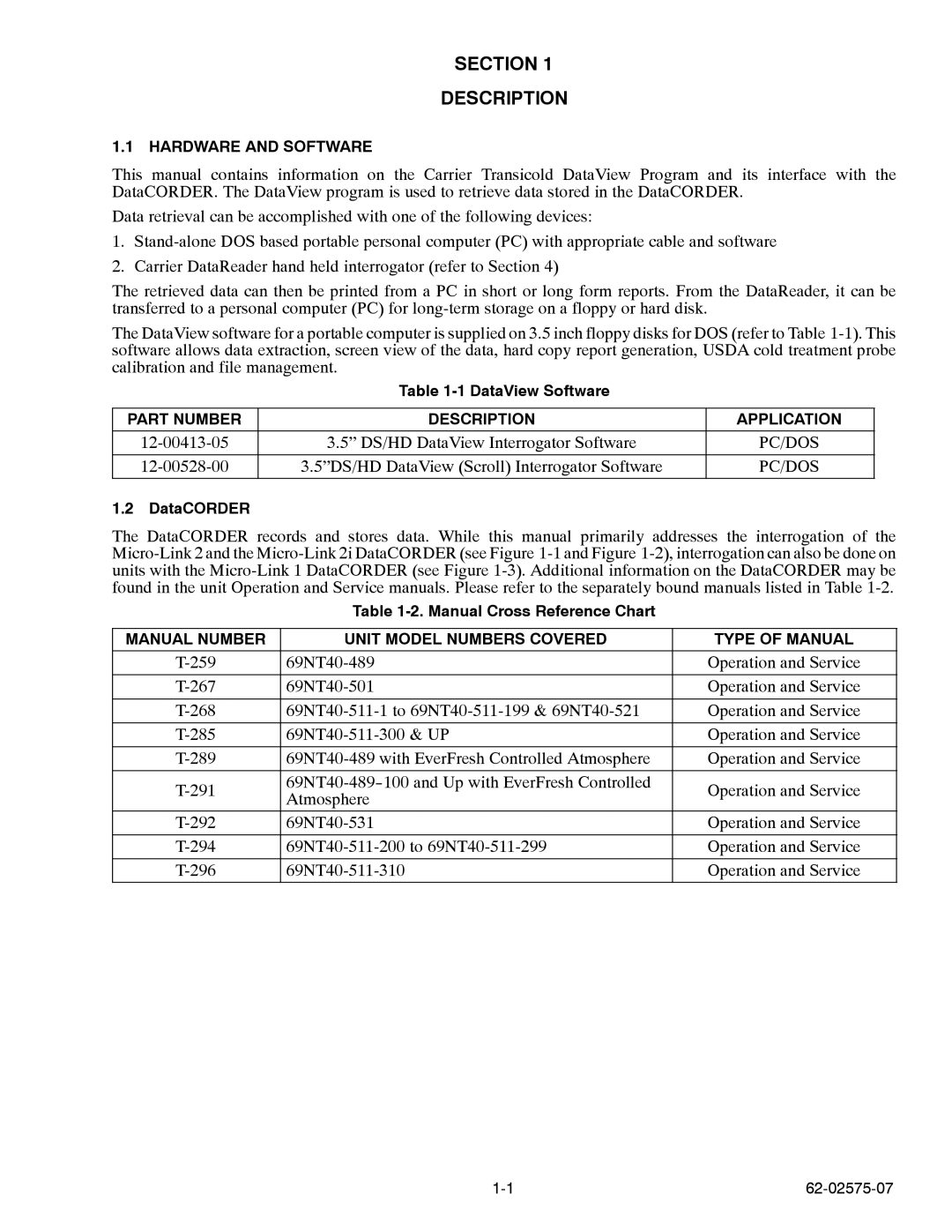 Carrier Container Refrigeration Unit manual Section Description 